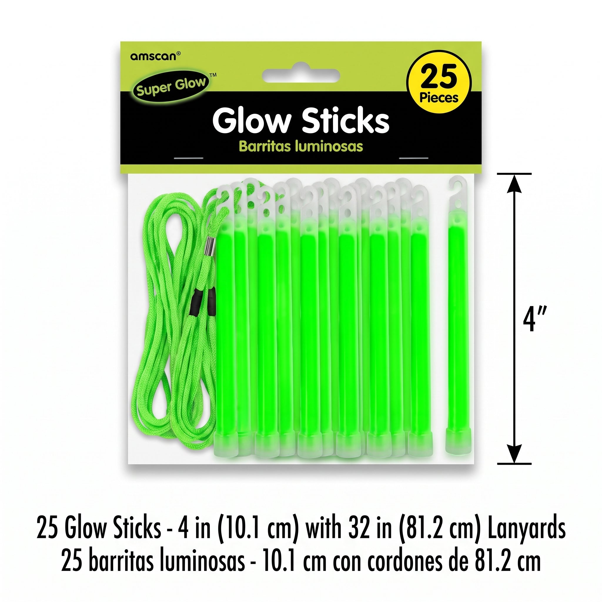 Green Glow Stick Necklaces with Lanyards - 4" (25-Pack)
