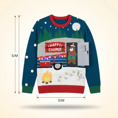 Ugly Christmas Sweater Women Pullover - Light Up Happy Camper Interactive Holiday Sweater with LED Lights, Bear Flap, 3D Details - Adult S/M