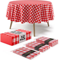 Round Red Gingham Plastic Table Covers | 12 Pack