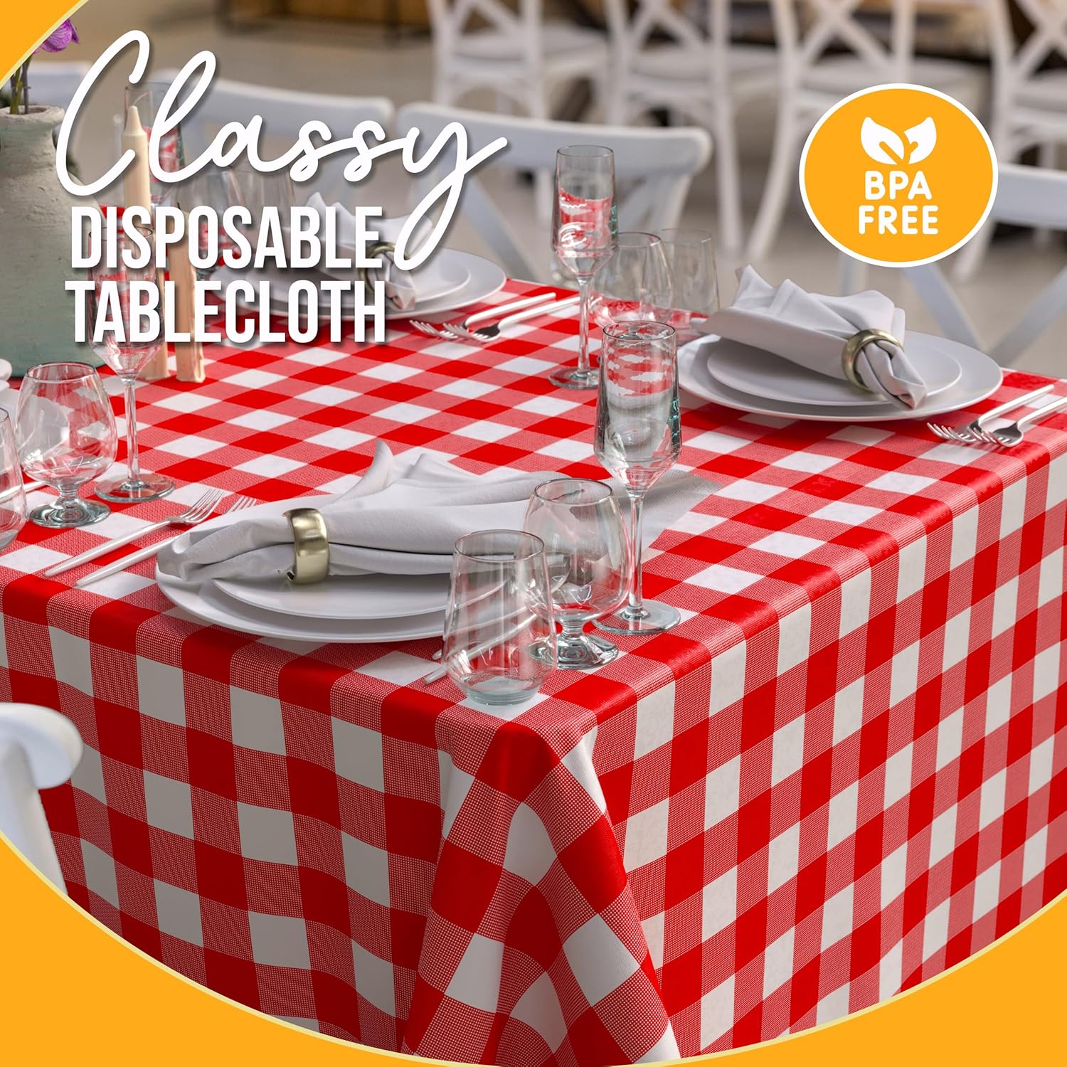 Red Gingham Plastic Table Cover - 54 In. x 108 In.