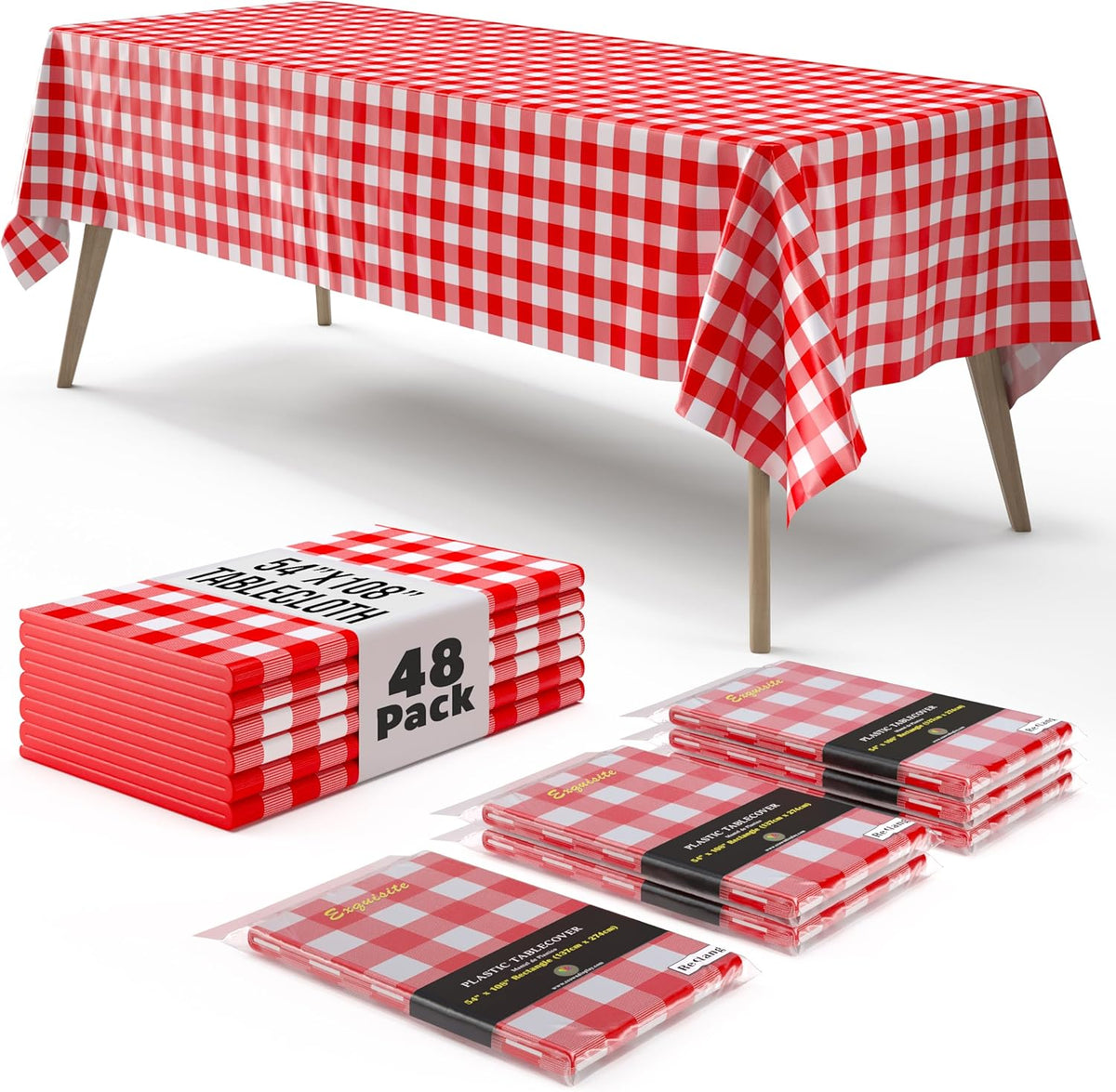 Red Gingham Plastic Table Cover | Case of 48 - 54 In. x 108 In.