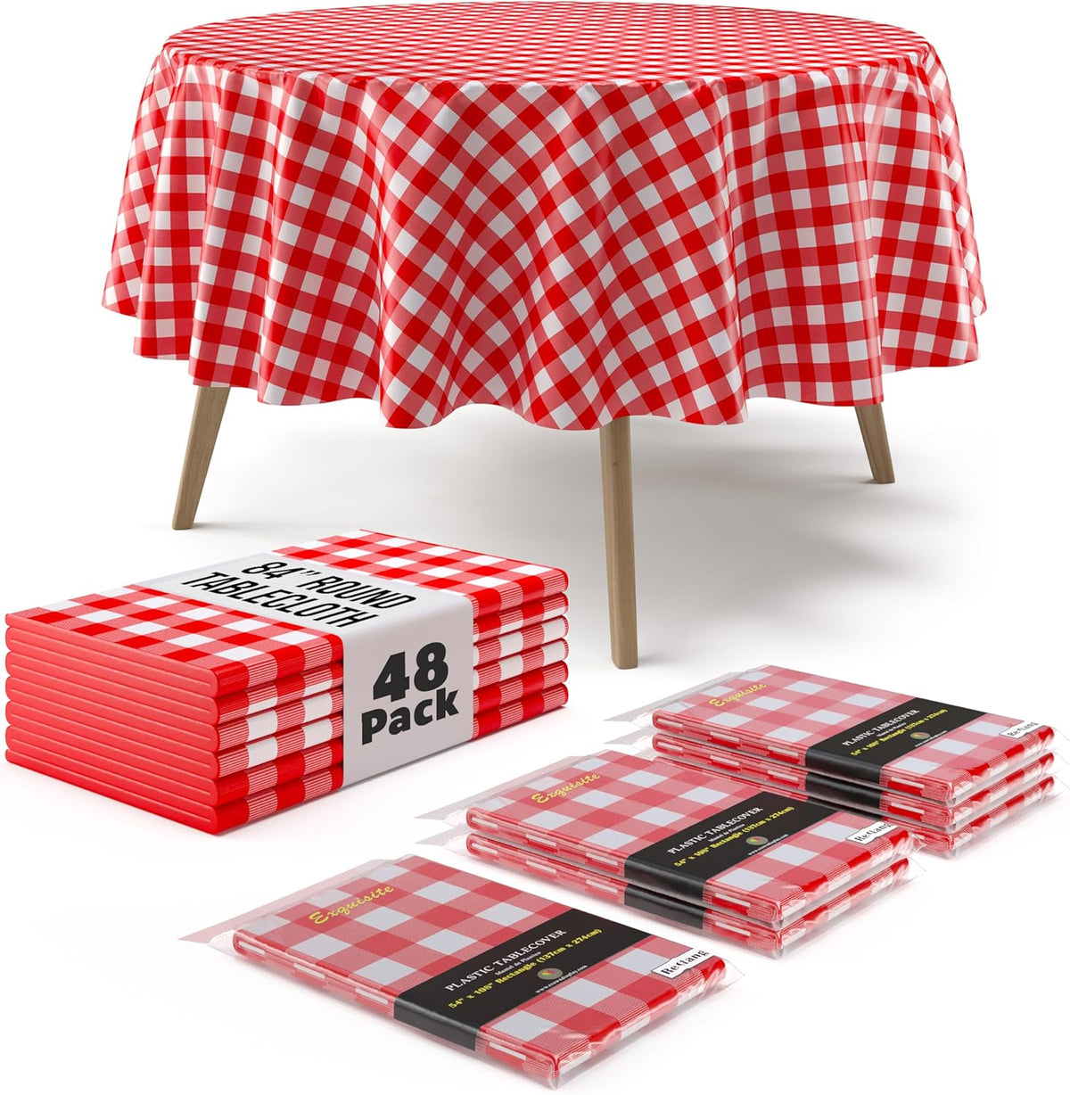 Round Red Gingham Plastic Table Cover | Case of 48
