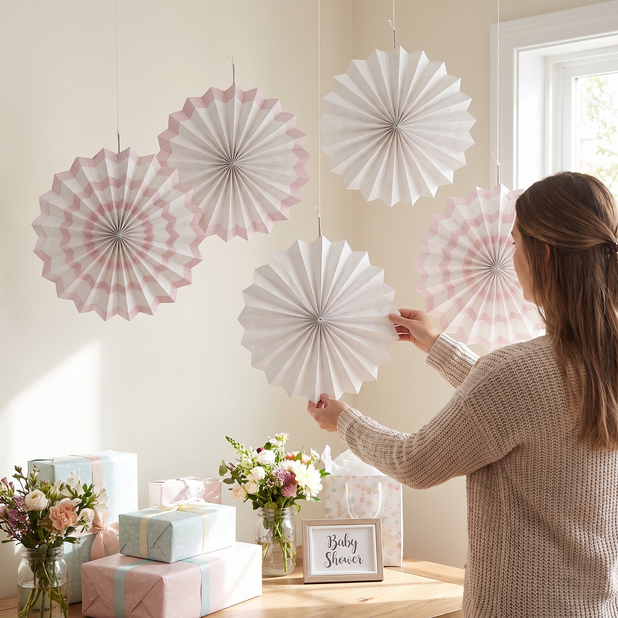 White Paper Fan Decorations, 7-Inch, 5-Pack for Any Occasion