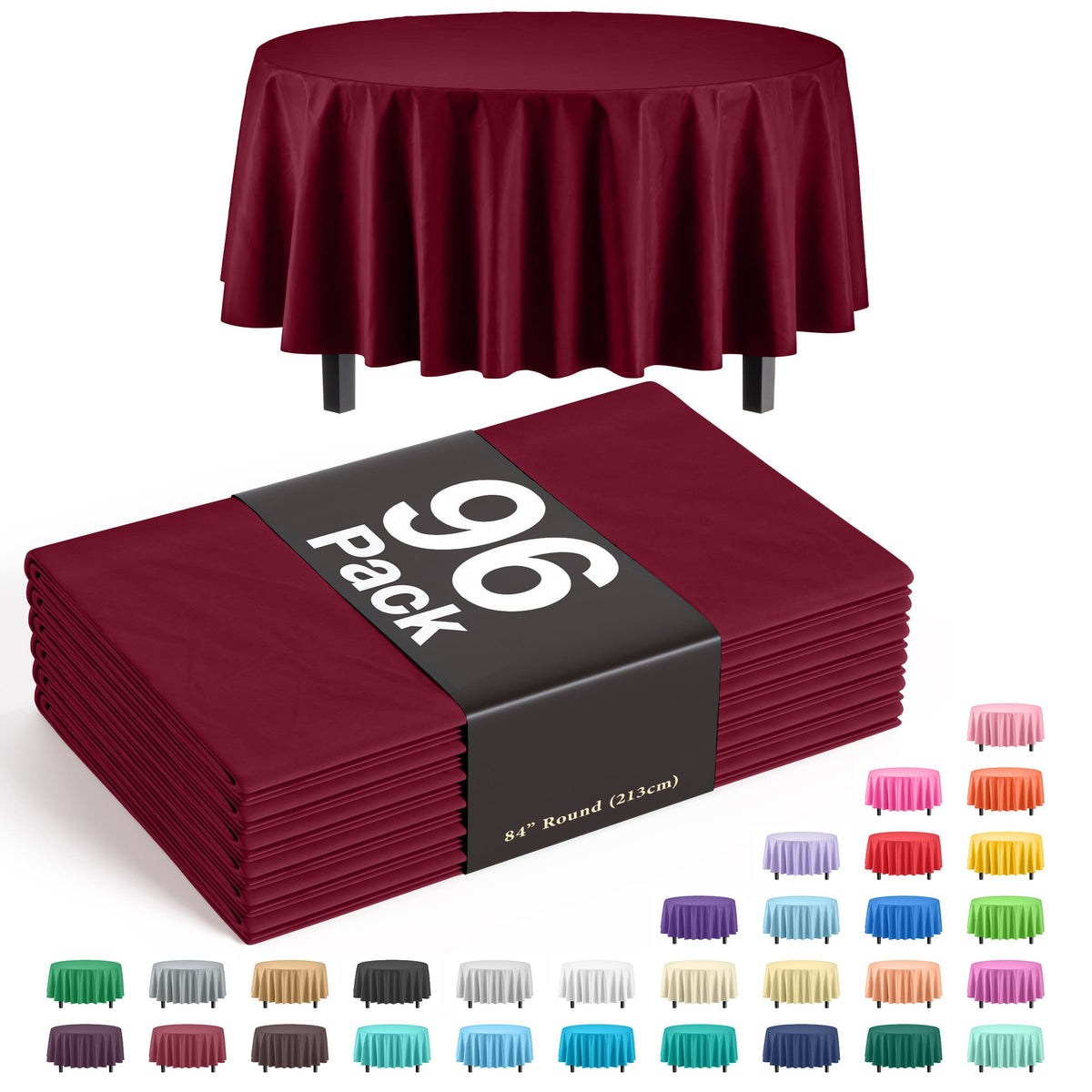 Premium Round Burgundy Plastic Table Cover | Case of 96