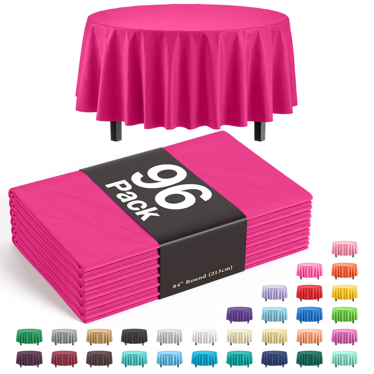 Premium Round Cerise Plastic Table Cover - 84 in. | Case of 96