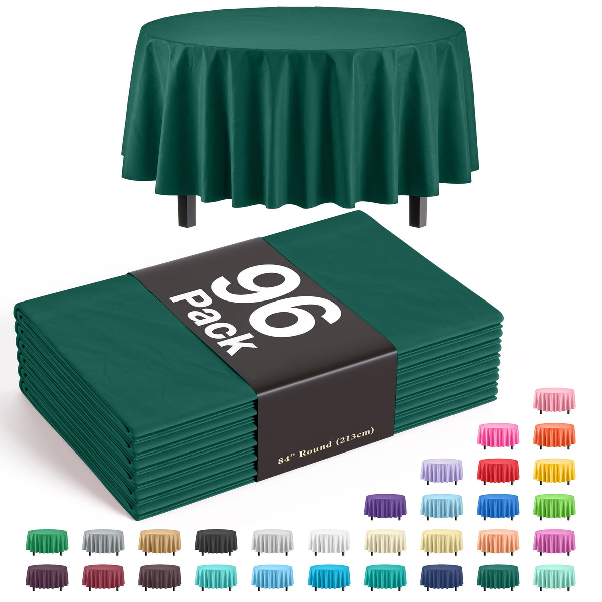 Premium Round Dark Green Plastic Table Cover - 84 in. | Case of 96