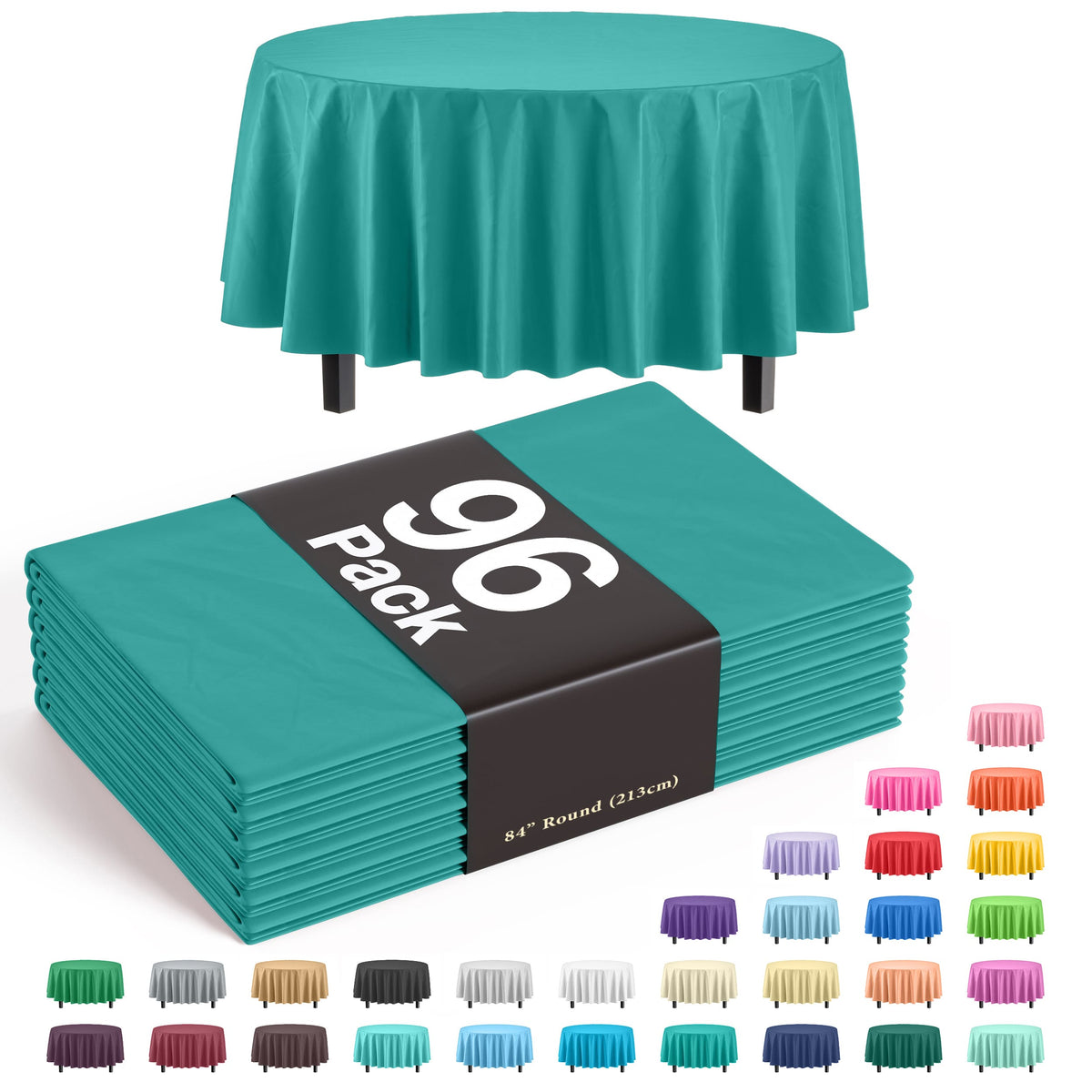 Premium Round Teal Plastic Table Cover | Case of 96