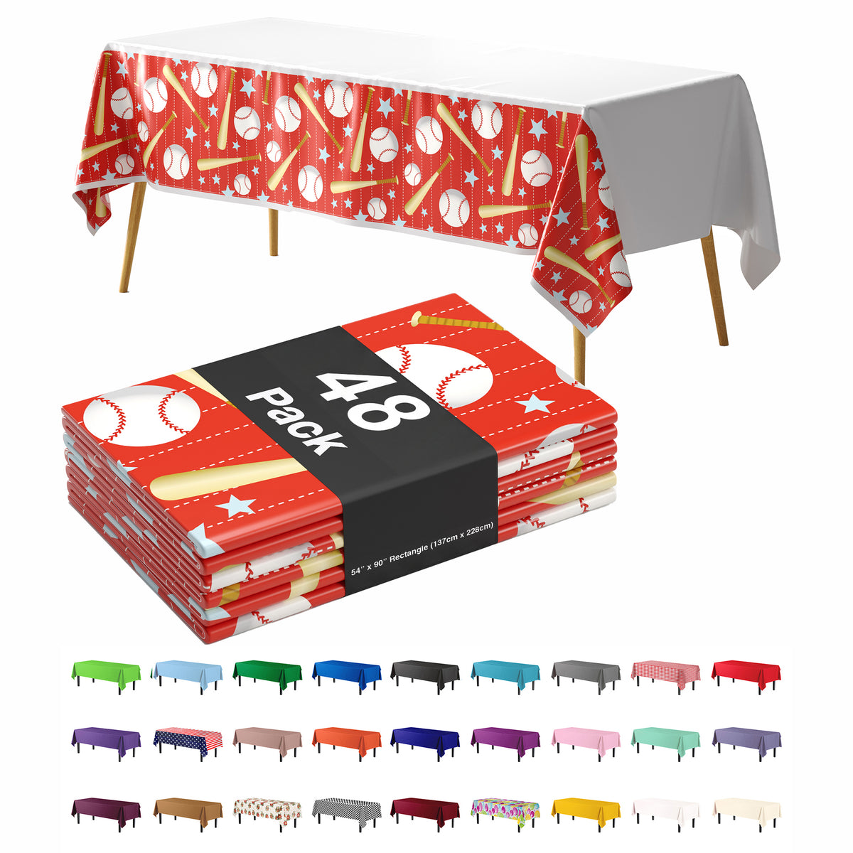 Baseball Print Plastic Table Cover | 54 in. x 90 in. | Case of 48