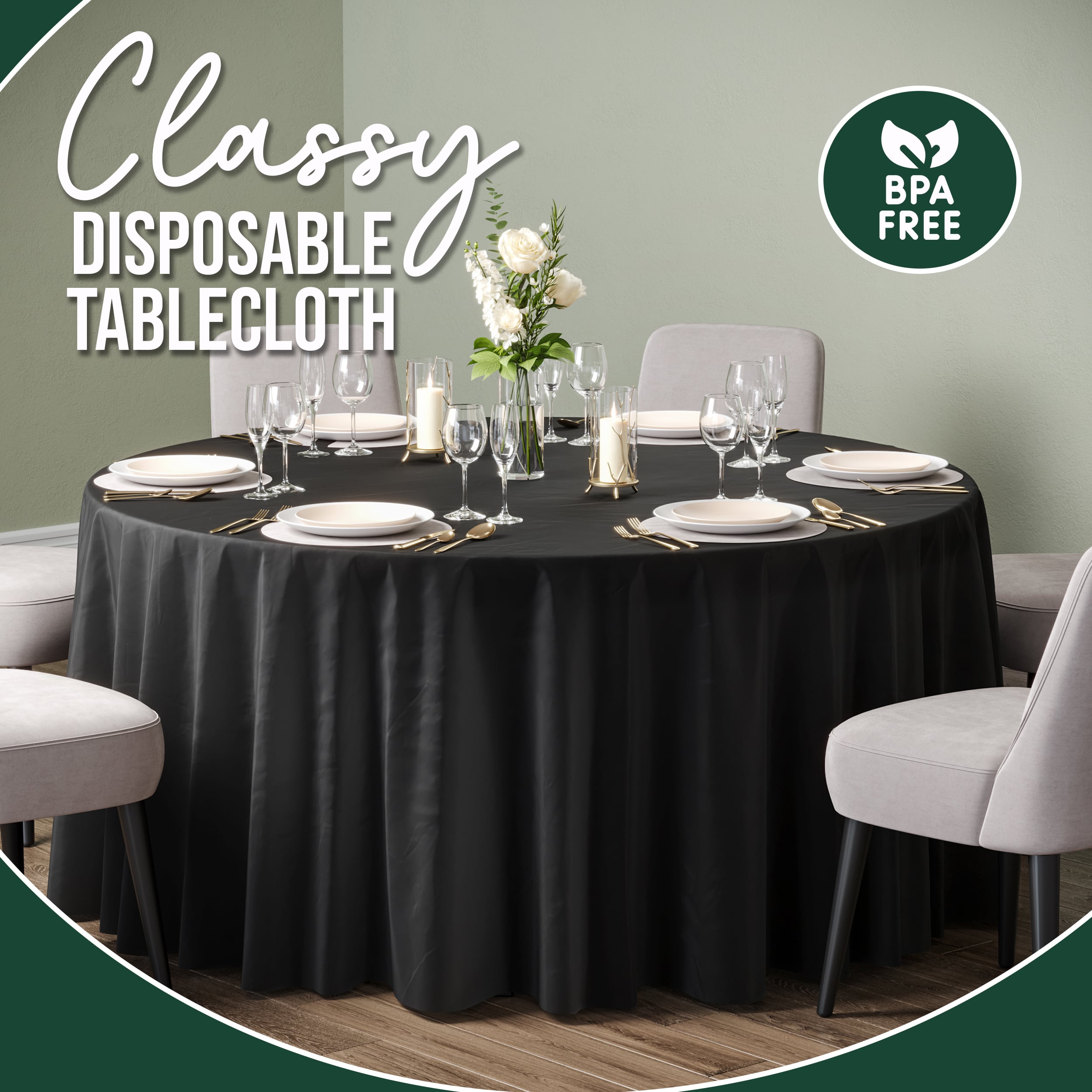 120 In. Premium Round Black Plastic Table Covers | 6 Count