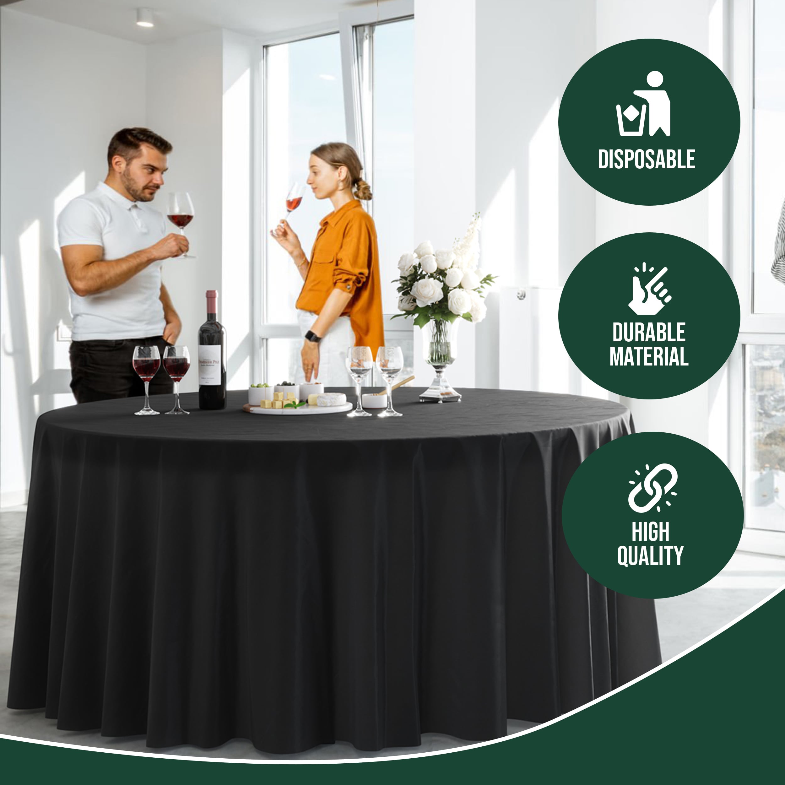 120 In. Premium Round Black Plastic Table Covers | 12 Count