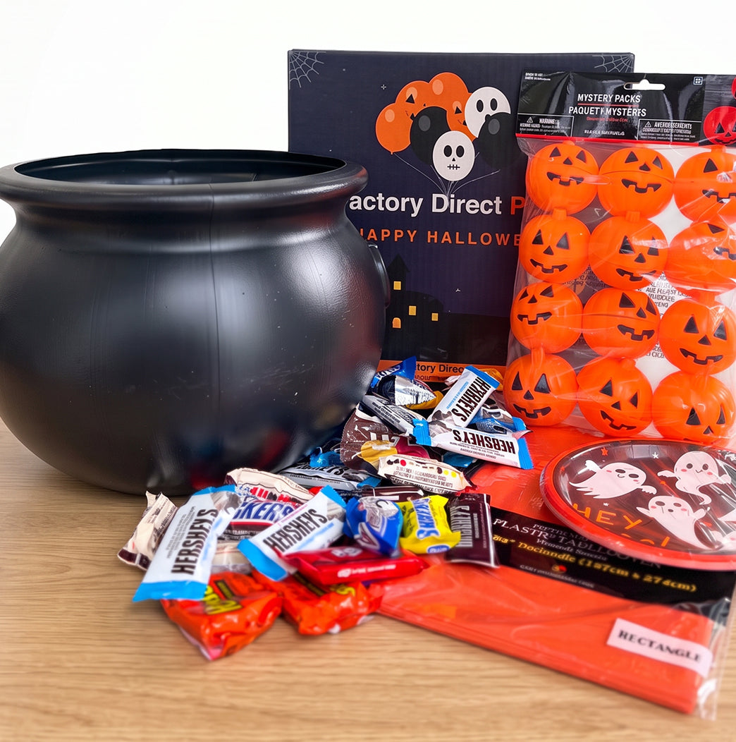 33 Pcs Halloween Trick-or-Treat Kit | Cauldron, 2 lb Candy, Toys, Glow Sticks & Tableware