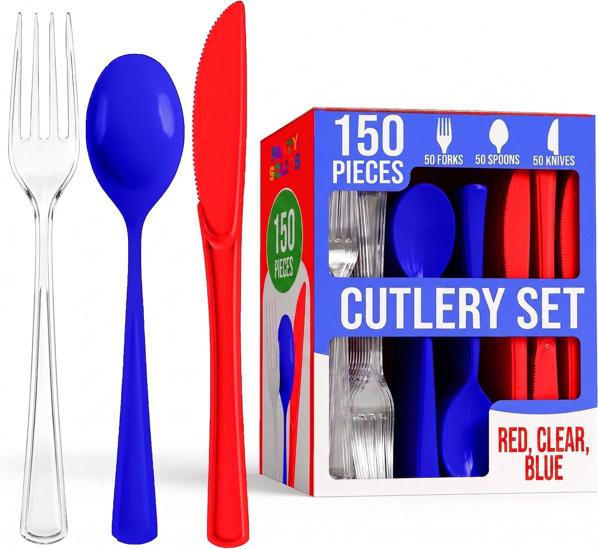 150 Pc. Patriotic Plastic Cutlery Combo Set | Red, Clear & Blue