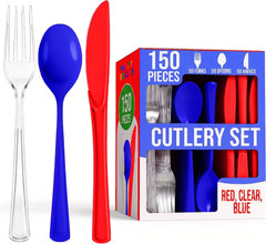 150 Pc. Patriotic Plastic Cutlery Combo Set | Red, Clear & Blue