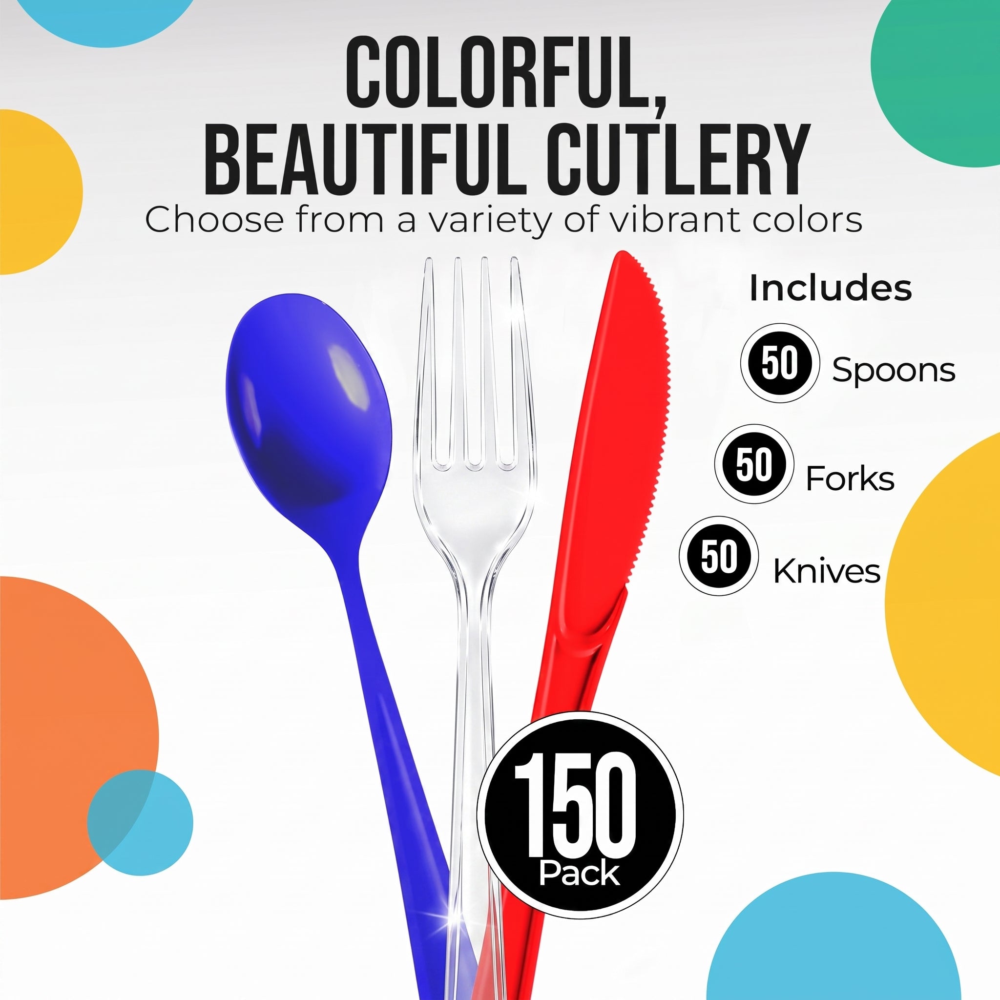 150 Pc. Patriotic Plastic Cutlery Combo Set | Red, Clear & Blue