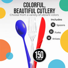 150 Pc. Patriotic Plastic Cutlery Combo Set | Red, Clear & Blue