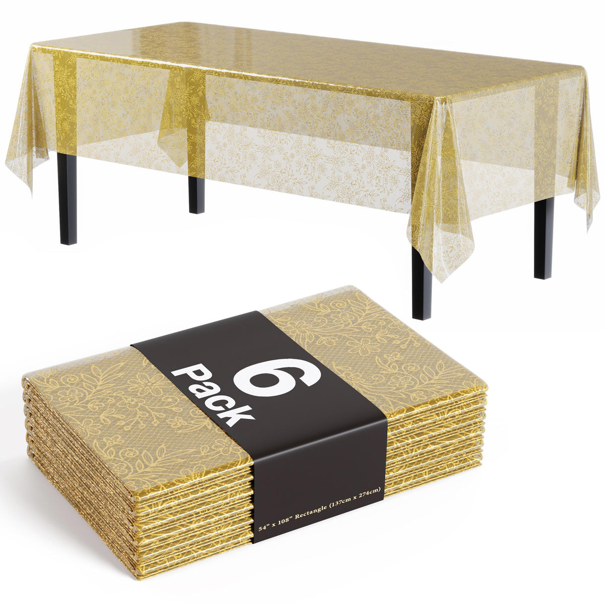 Gold Floral Plastic Table Covers | 6 Pack - 54 In. x 108 In.
