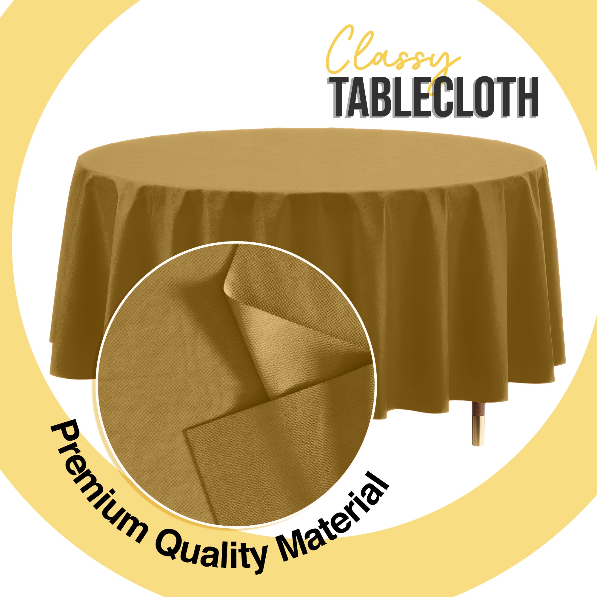 Premium Round Gold Plastic Table Covers | 6 Pack | 84 in.