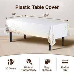 White & Gold Celebrate Printed Plastic Table Covers | 12 Count - 54 In. x 108 In.