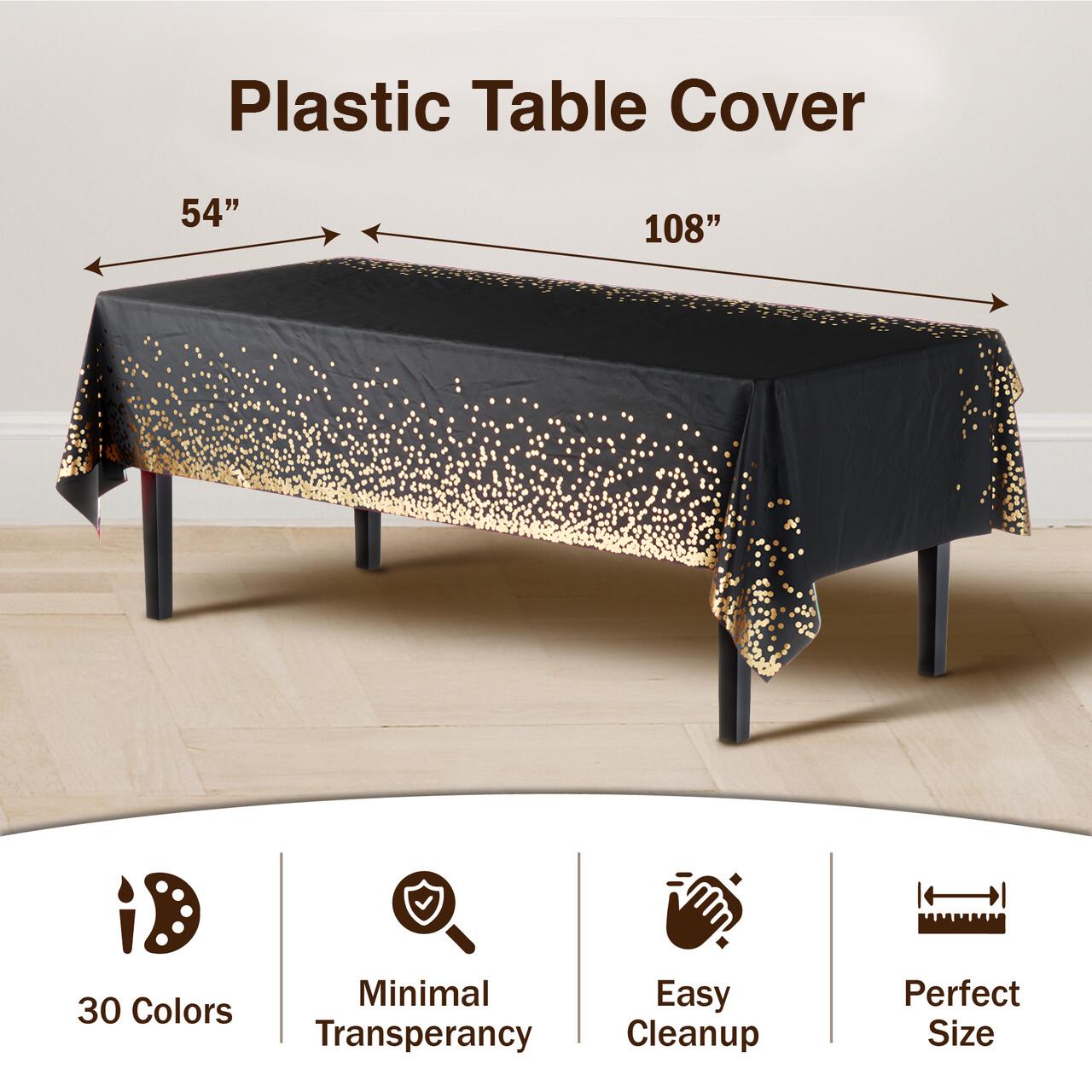 Black & Gold Celebrate Printed Plastic Table Covers | 6 Count - 54 In. x 108 In.