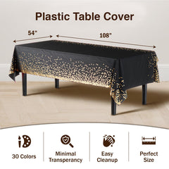 Black & Gold Celebrate Printed Plastic Table Covers | 6 Count - 54 In. x 108 In.
