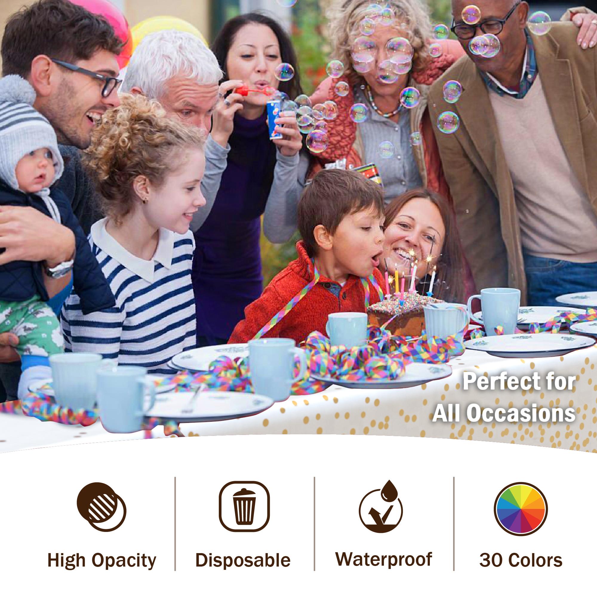 White & Gold Celebrate Printed Plastic Table Covers | 12 Count - 54 In. x 108 In.