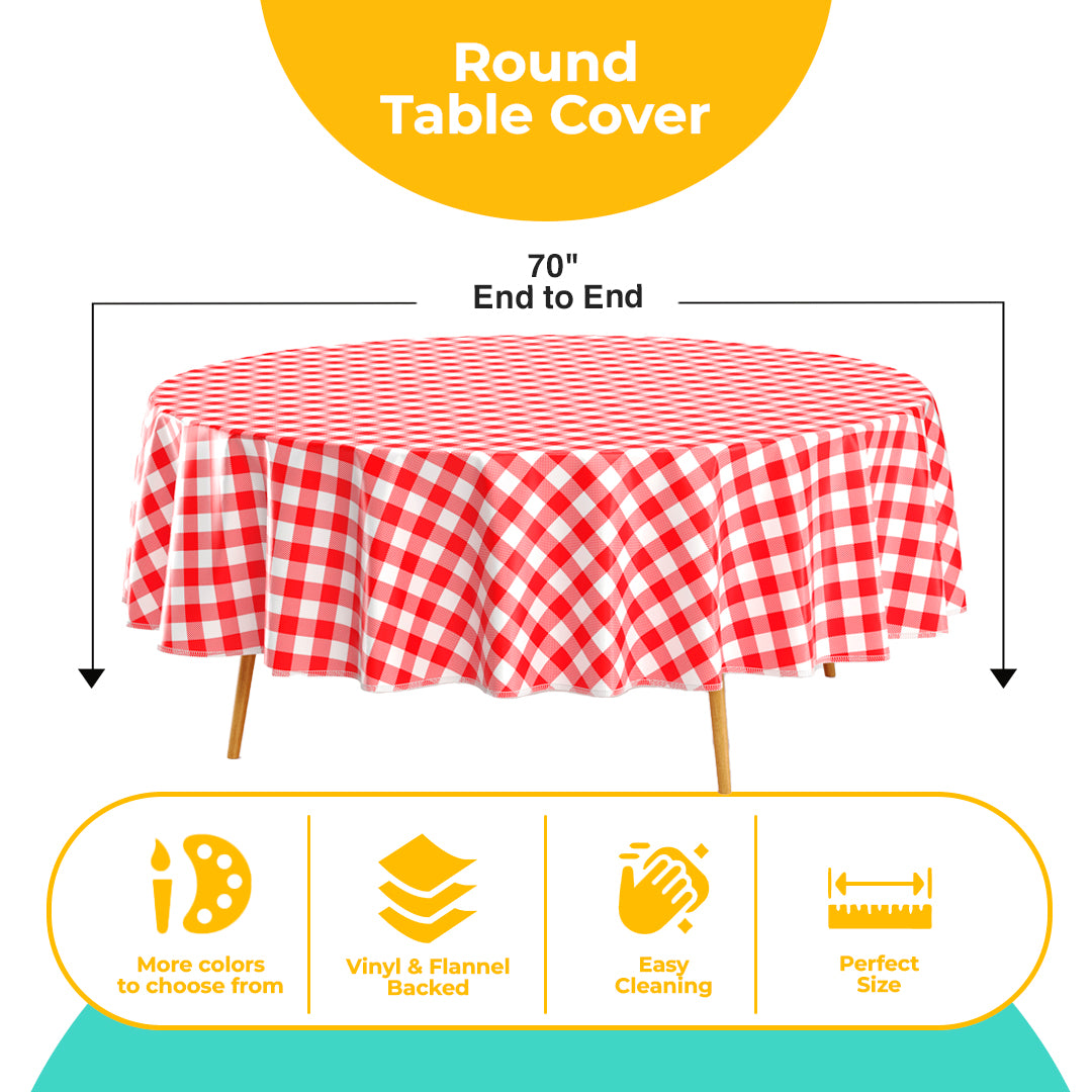 Red Gingham Flannel Backed Plastic Table Cover 70 in. Round | Case of 24
