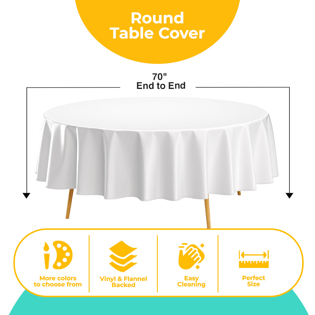 White Flannel Backed Plastic Table Cover 70 in. Round | Case of 36