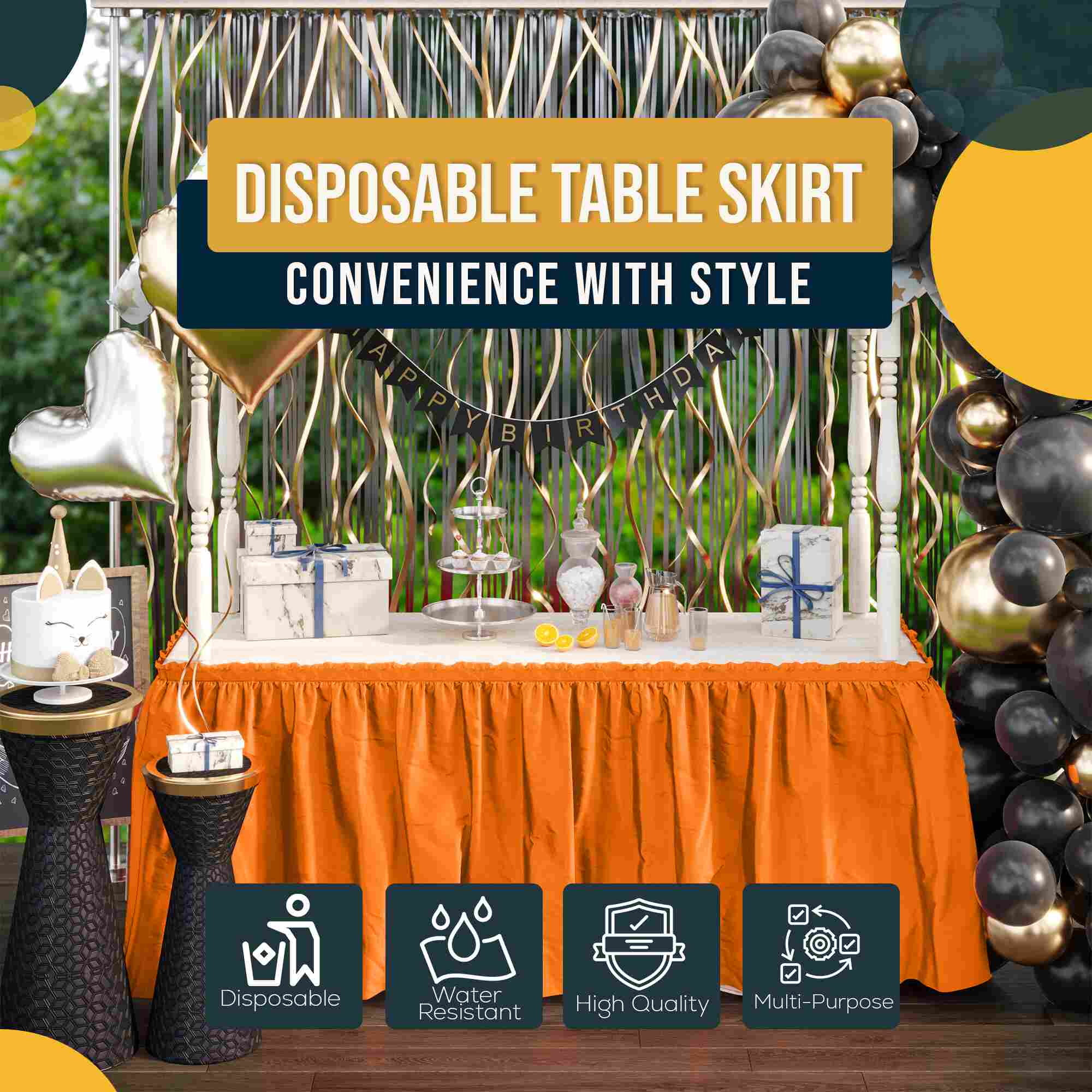 Orange Plastic Table Skirt | 6 Pack