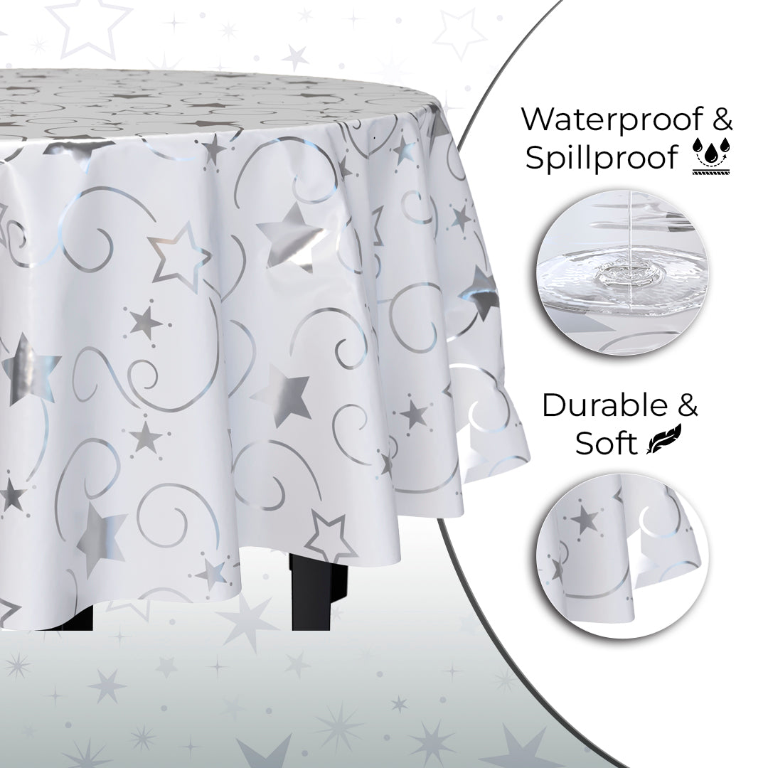 Round Silver Star Printed Plastic Table Covers | 6 Pack | 84 in.