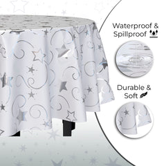 Round Silver Star Printed Plastic Table Covers | 6 Pack | 84 in.