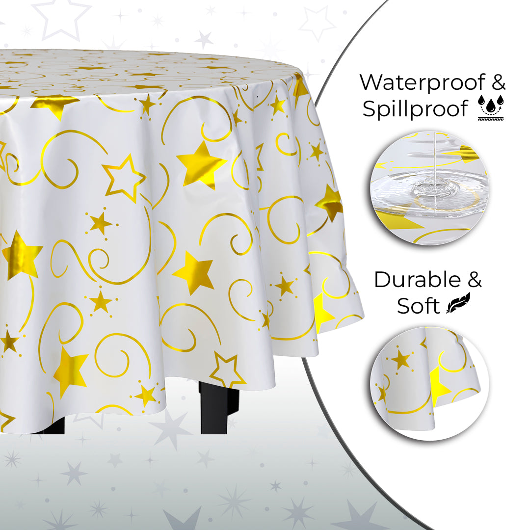 Round Gold Star Printed Plastic Table Covers | 6 Pack | 84 in.