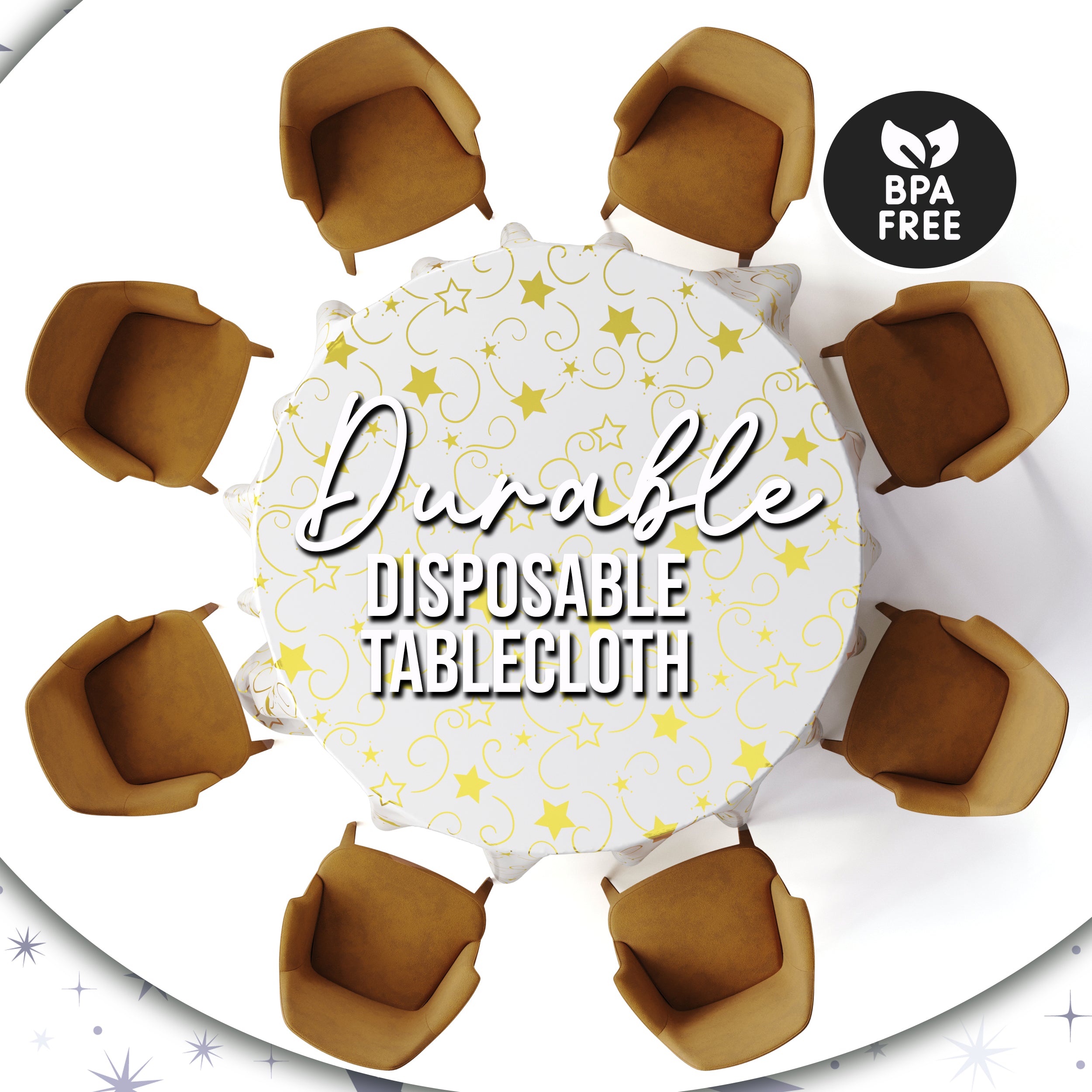 Round Gold Star Printed Plastic Table Covers | 12 Pack | 84 in.