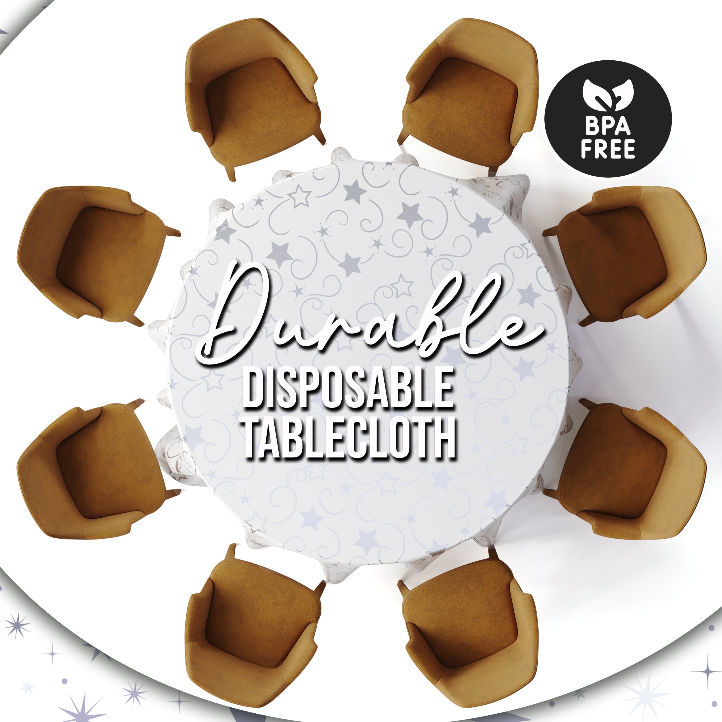 Round Silver Star Printed Plastic Table Covers | 6 Pack | 84 in.