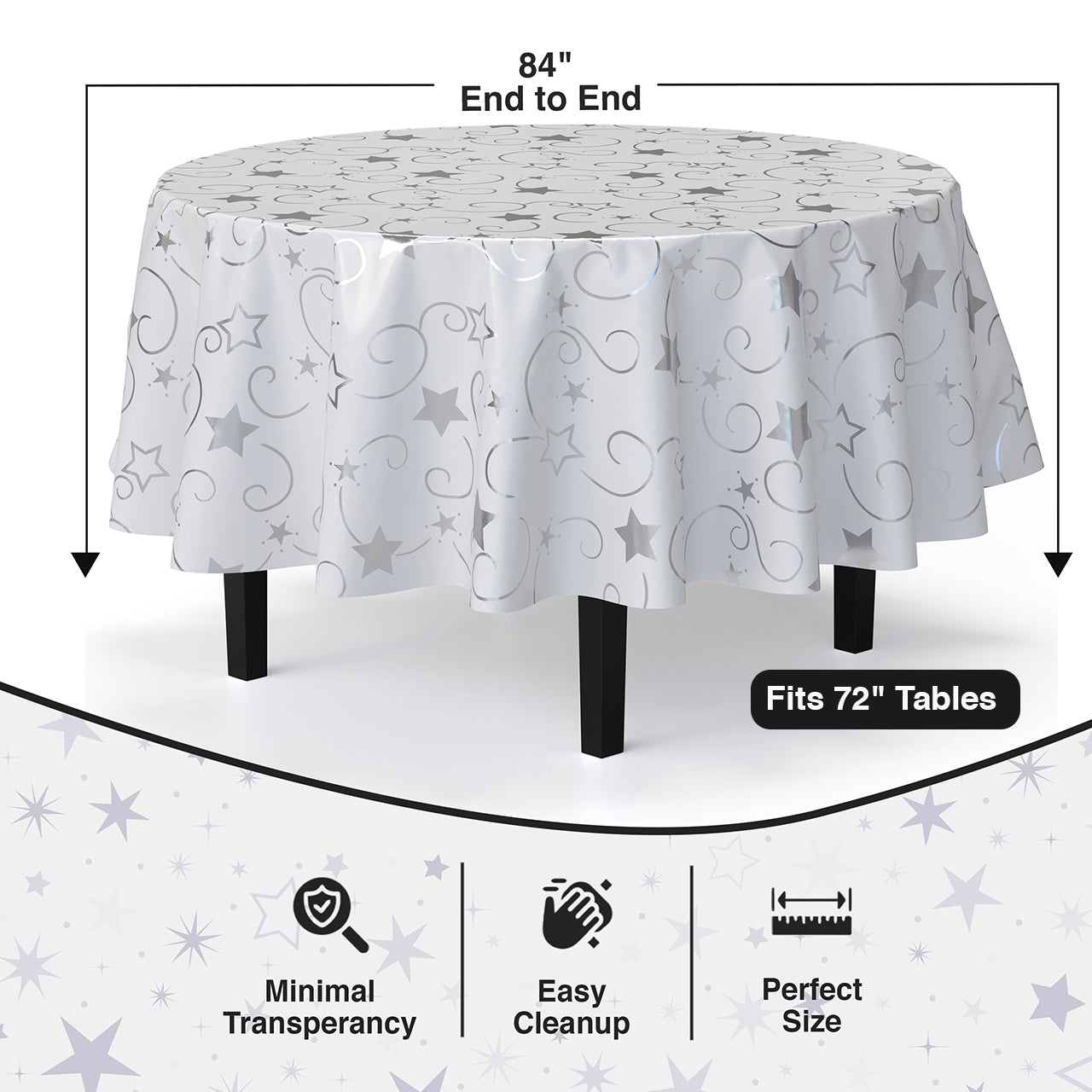 Round Silver Star Printed Plastic Table Covers | 6 Pack | 84 in.