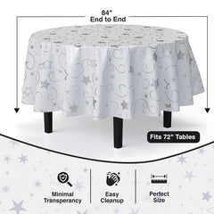 Round Silver Star Printed Plastic Table Covers | 12 Pack | 84 in.