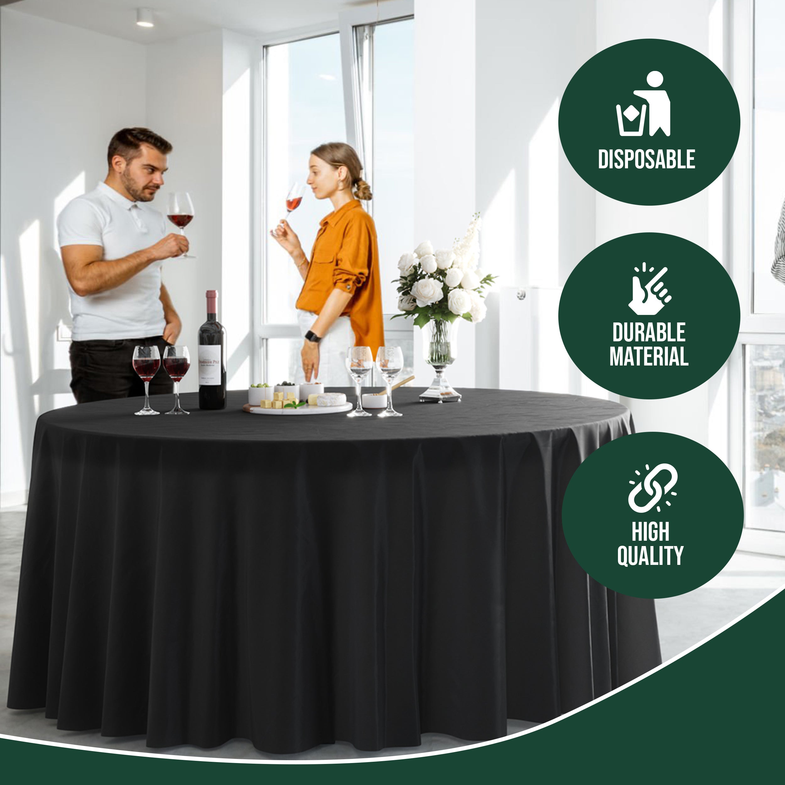 120 in. Premium Round Black Plastic Table Cover | Case of 60