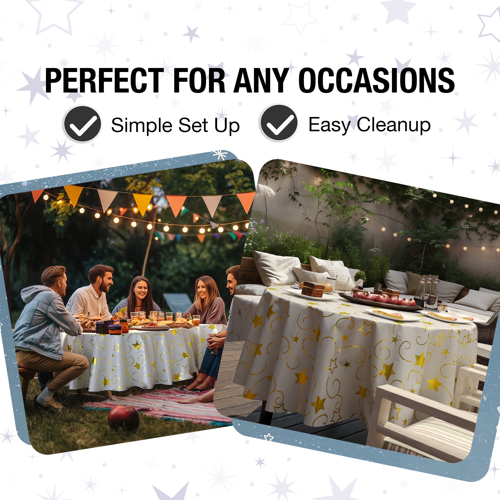Round Gold Star Printed Plastic Table Covers | 6 Pack | 84 in.