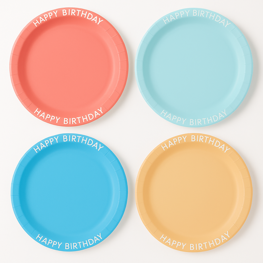Bright Pastel "Happy Birthday" Rim Plates - 9.5", 8 Pack