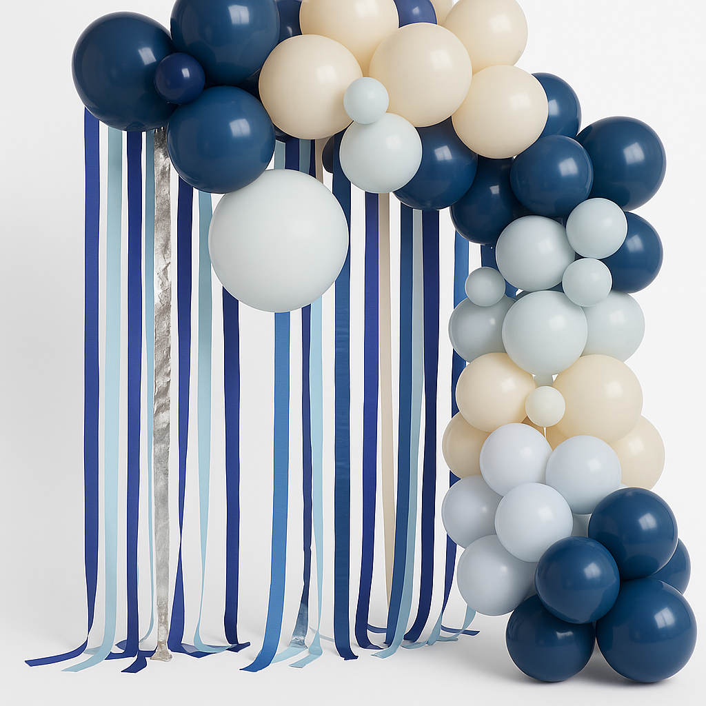 Elegant Blue and Cream Balloon Arch with Streamers