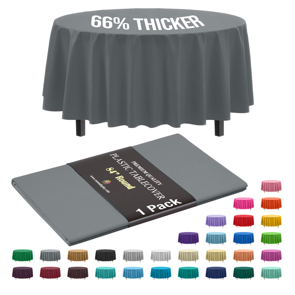 Premium Round Silver Plastic Table Cover | 84 in.