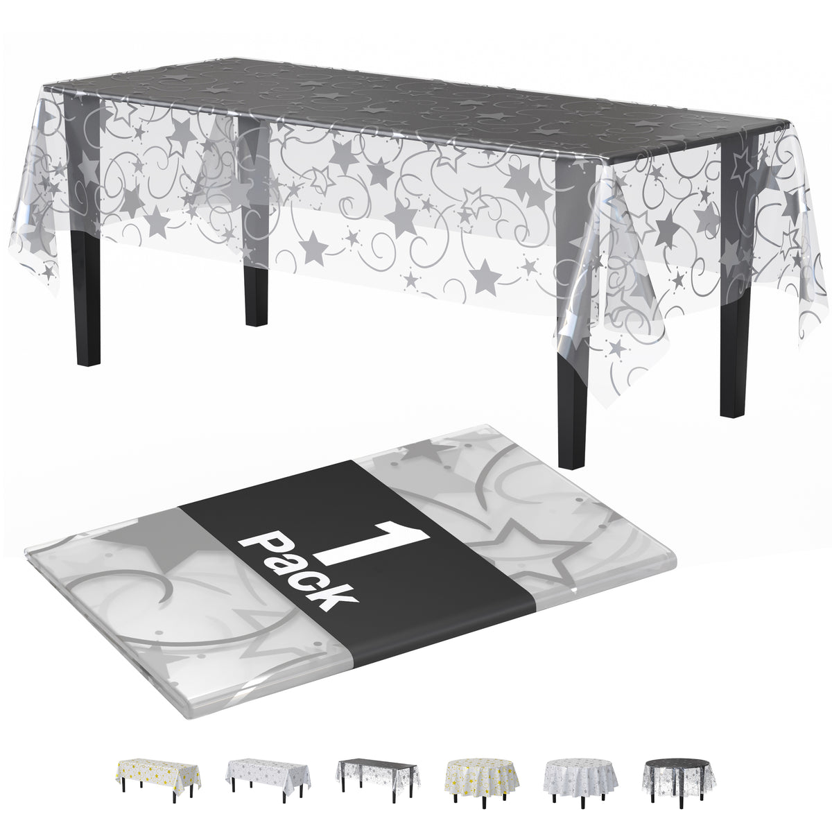Clear silver star tablecover | 55 in. x 108 in.