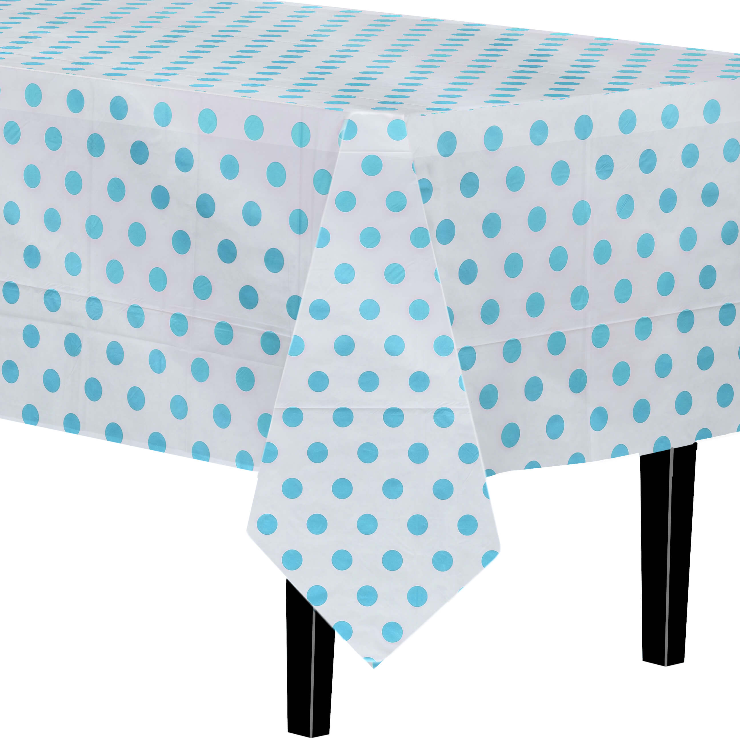 Light Blue Polka Dot Plastic Table Cover | Case of 48 - 54 In. x 108 In.