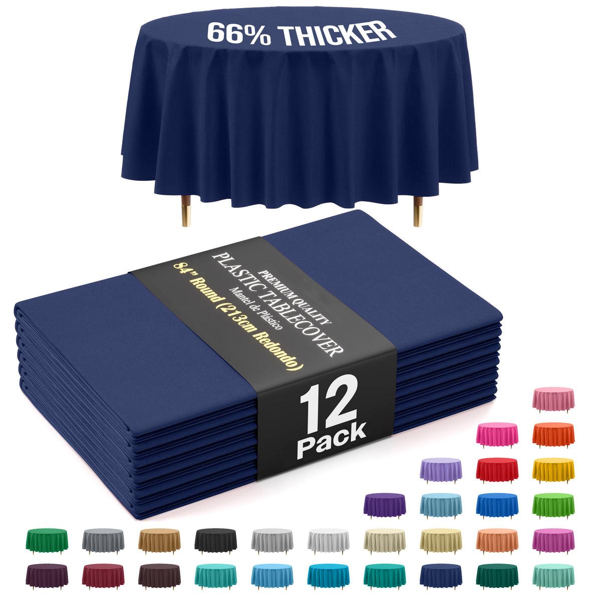 Premium Round Navy Blue Plastic Table Covers | 12 Pack | 84 in.