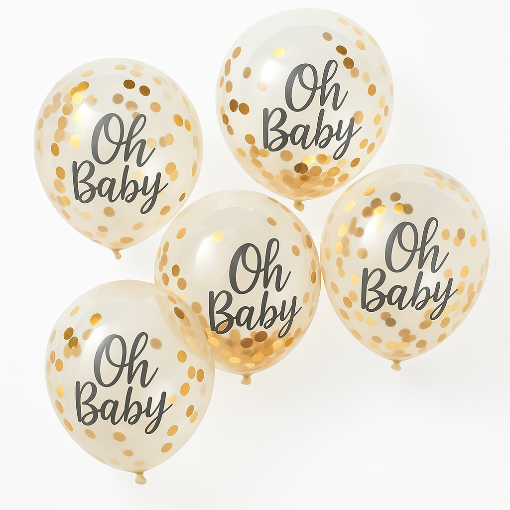 "Oh Baby!" Gold Confetti Latex Balloons - 12" - 5 Pack