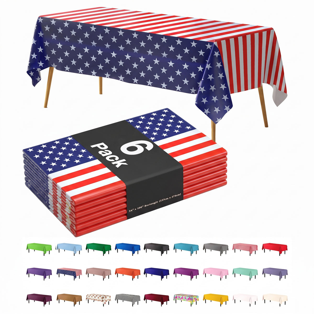 Patriotic Plastic Table Covers | 6 Pack | 54 in. x 108 in.