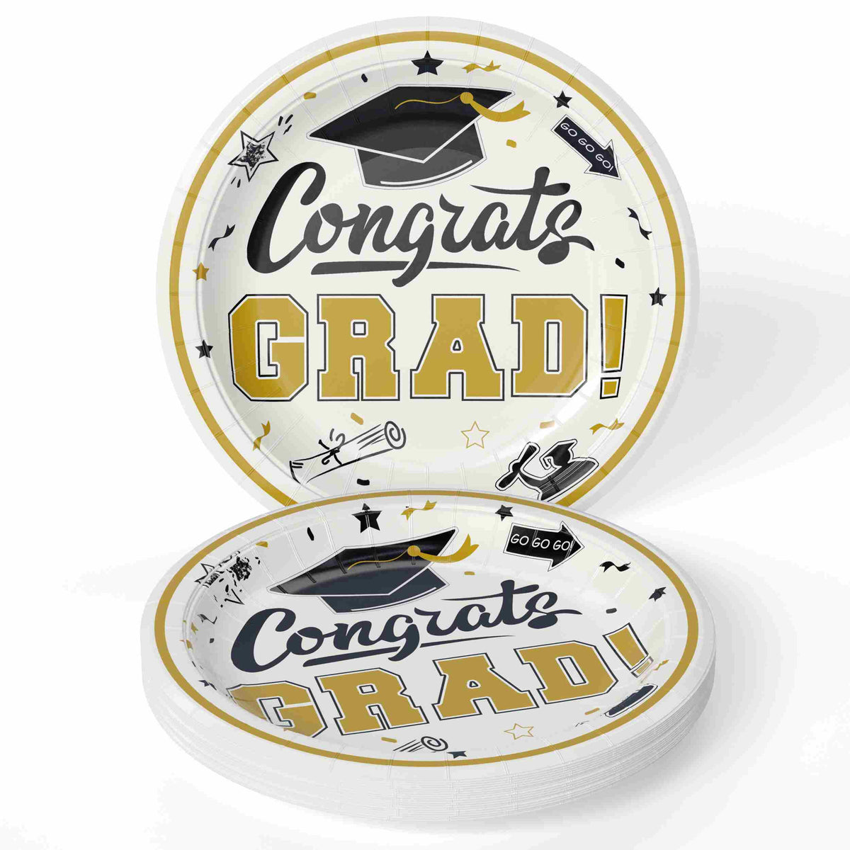 9 In. White/Gold Graduation Plates | 24 Count