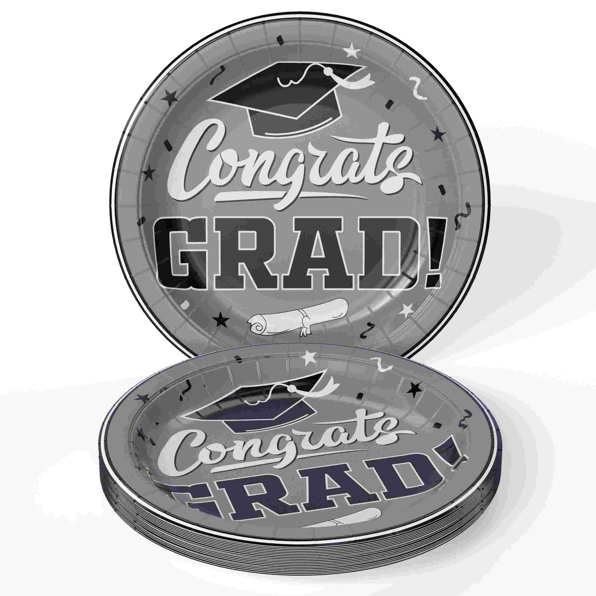 9 In. White/Silver Graduation Plates | 24 Count