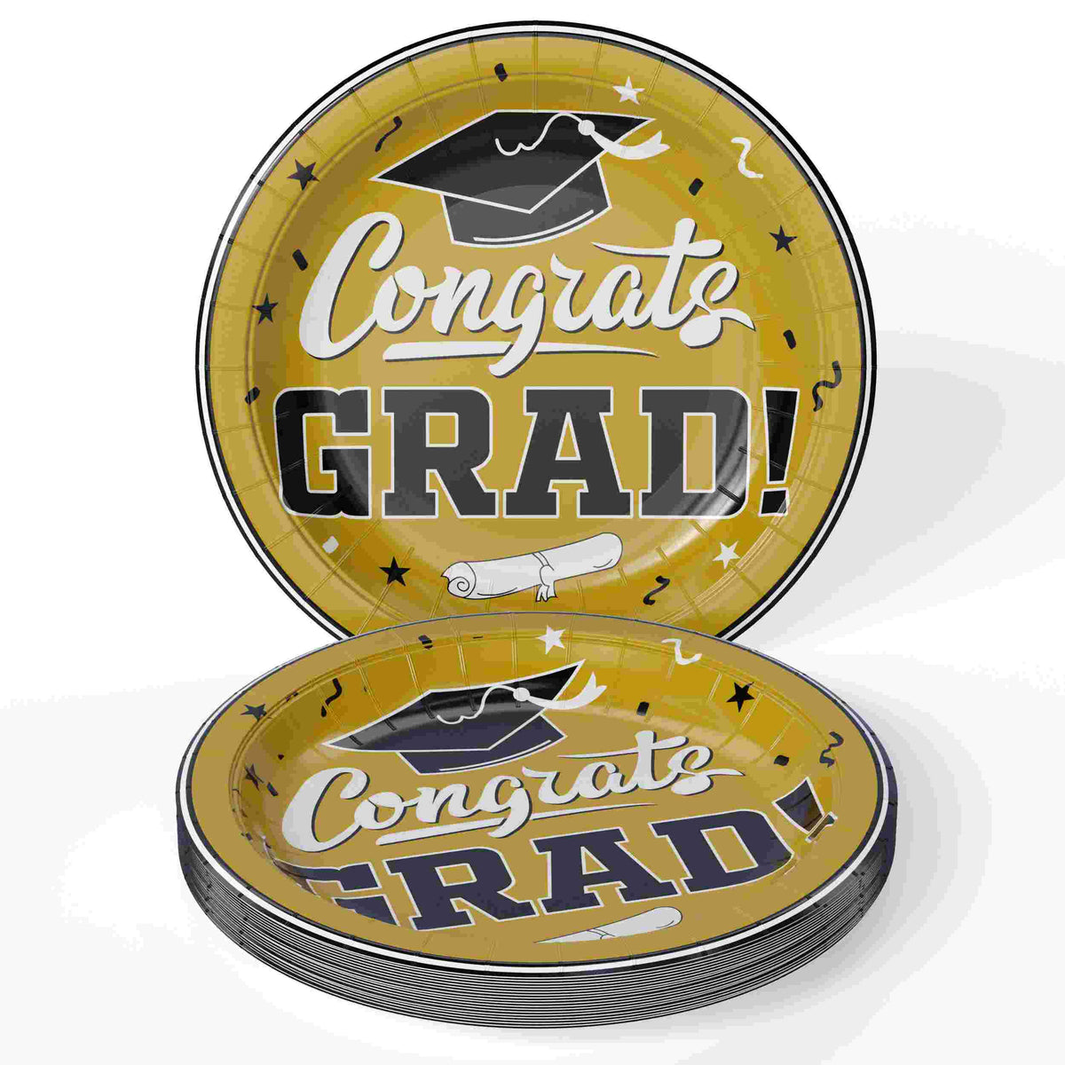 9 In. White/Gold Graduation Plates | 24 Count