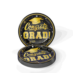 7 In. Black/Gold Graduation Plates | 24 Count