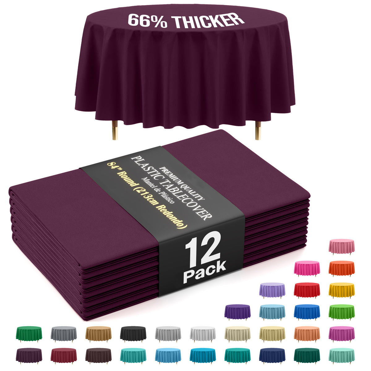 Premium Round Plum Plastic Table Covers | 12 Pack | 84 in.